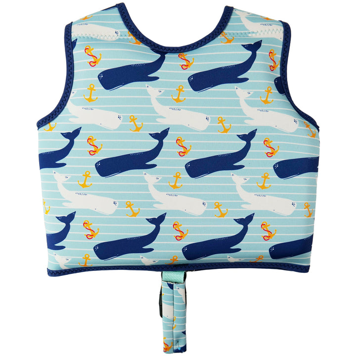 Neoprene swim vest for toddlers with non-removable floats in light blue, navy trims, and whales and anchors themed print. Back.