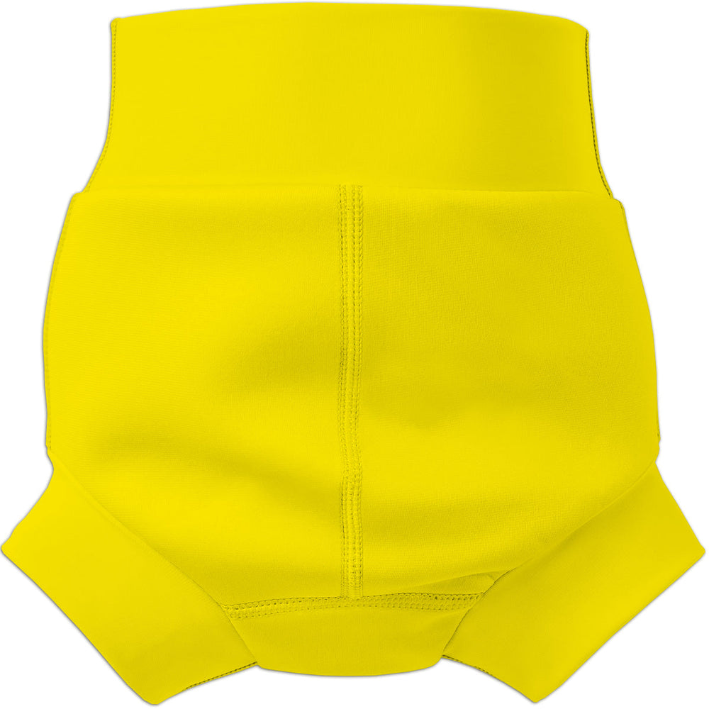 Flat lay image of neoprene swim nappy in bright yellow, back.