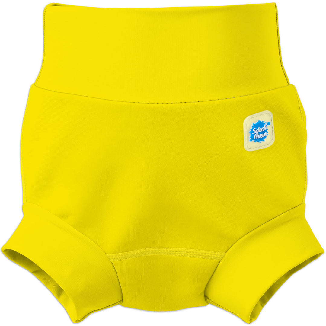 Flat lay image of neoprene swim nappy in bright yellow, front.