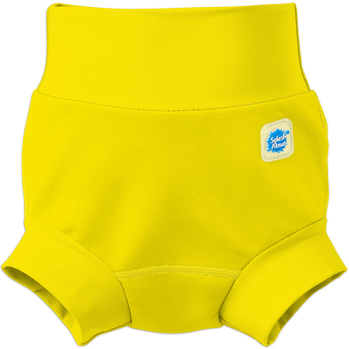 Flat lay image of neoprene swim nappy in bright yellow, front.