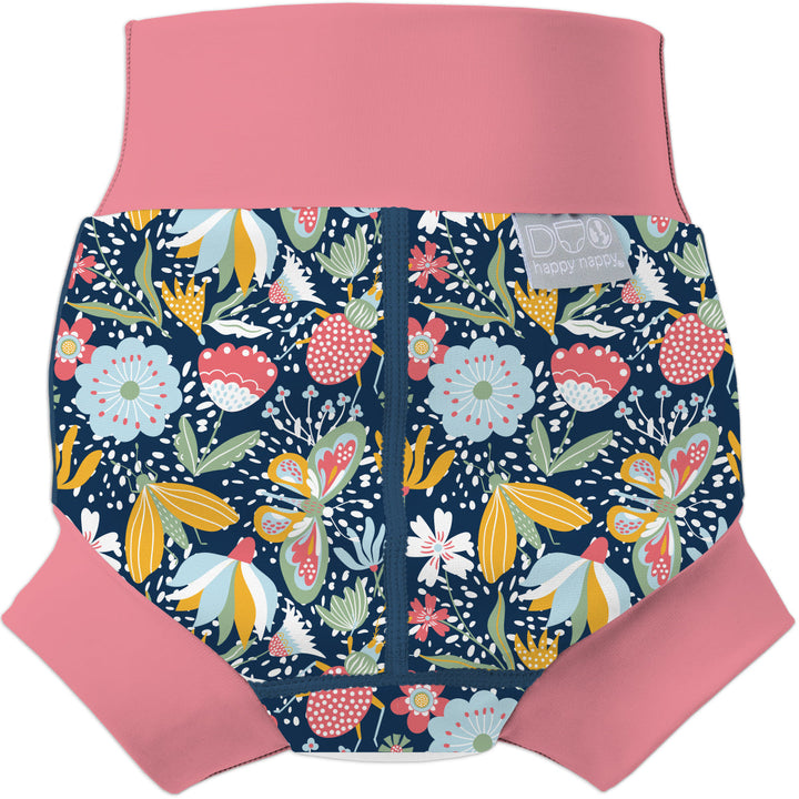 Neoprene swim nappy in navy with pink trims, and floral themed print. Back.