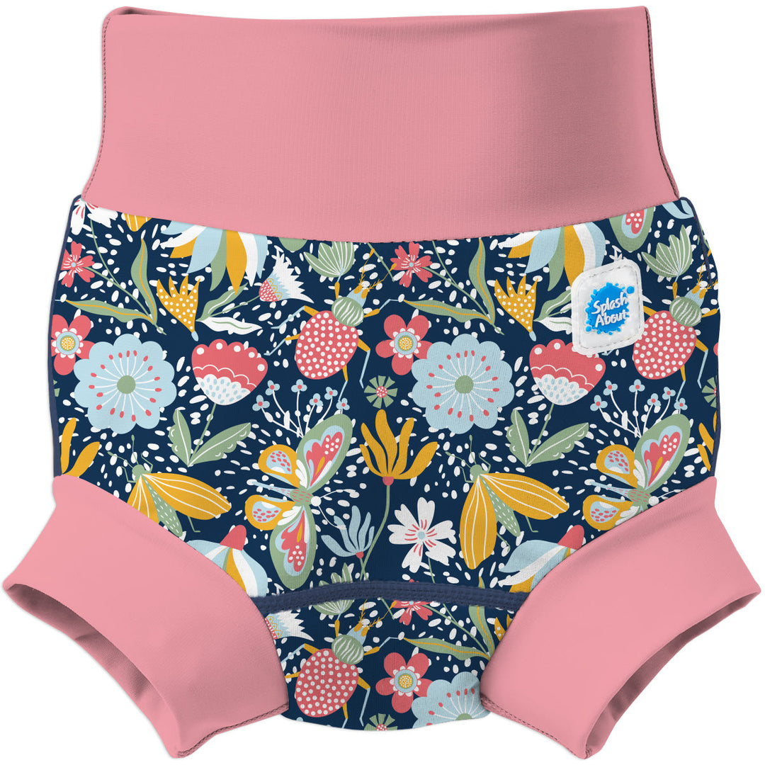 Neoprene swim nappy in navy with pink trims, and floral themed print. Front.