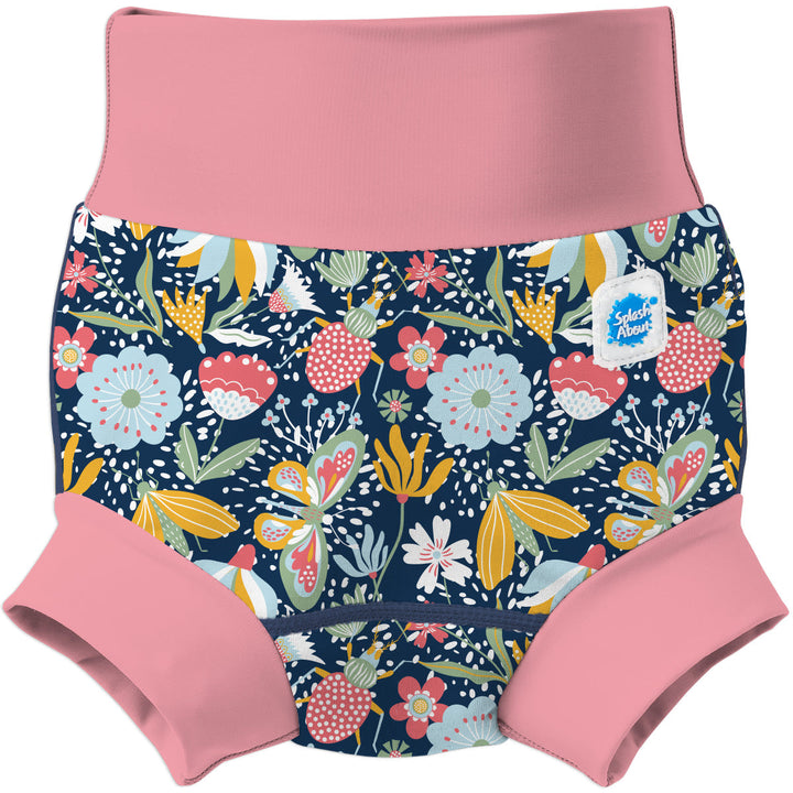Neoprene swim nappy in navy with pink trims, and floral themed print. Front.