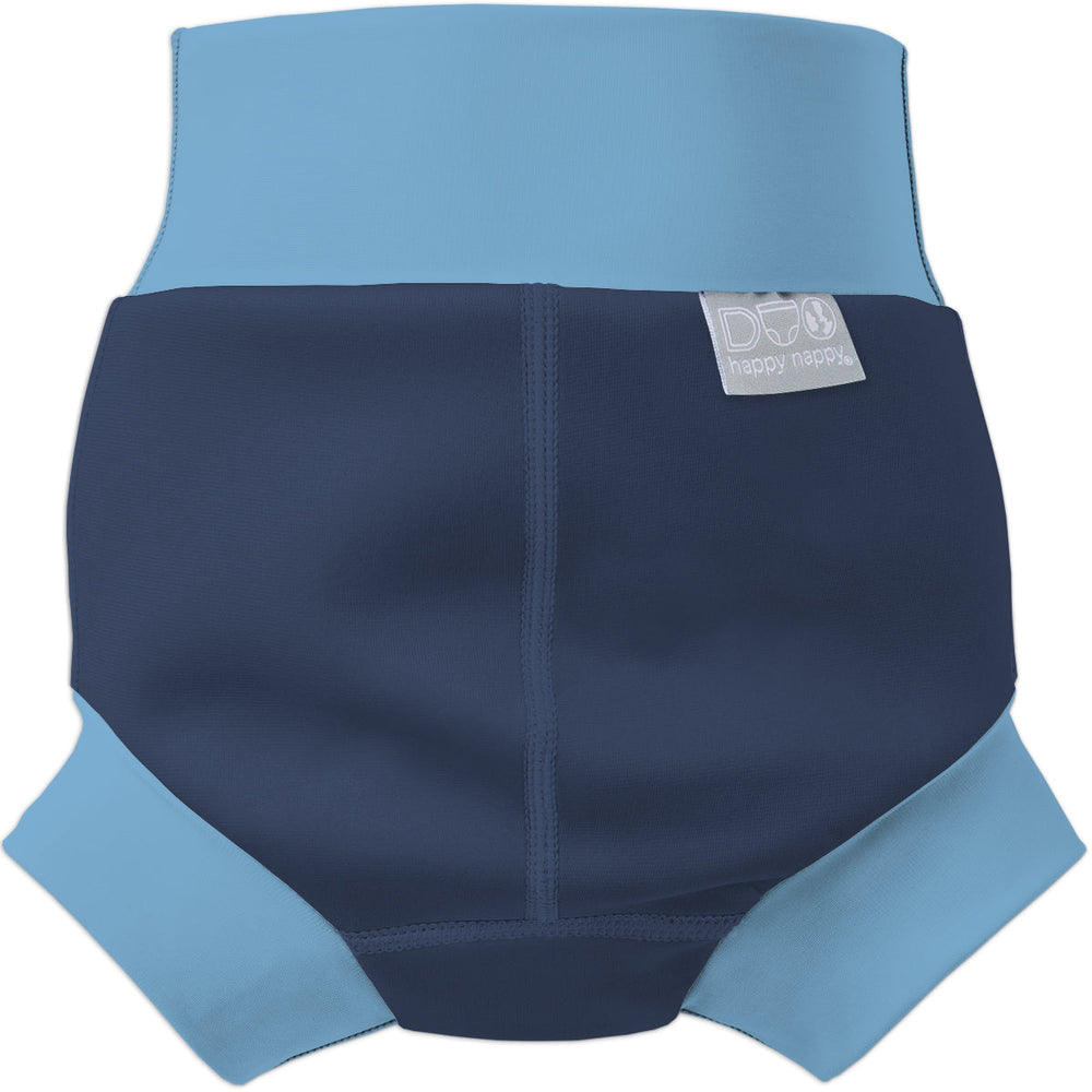 Neoprene swim nappy in navy with blue ribs. Back.