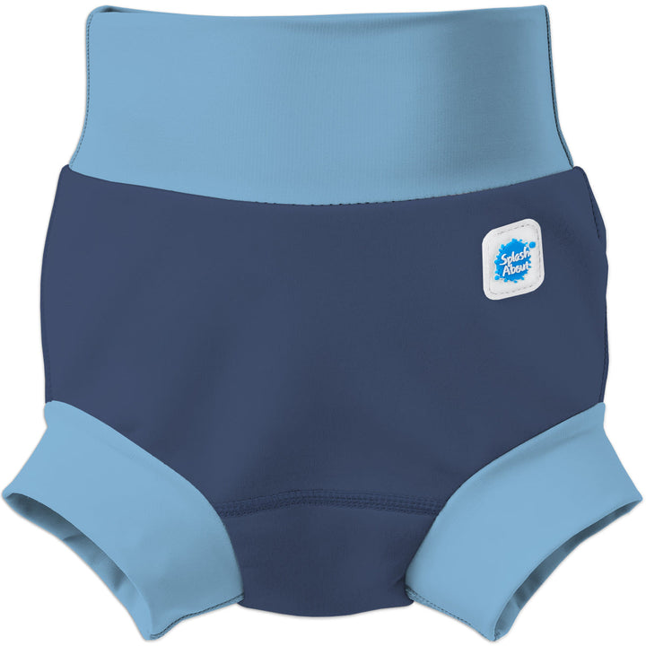 Neoprene swim nappy in navy with blue ribs. Front.