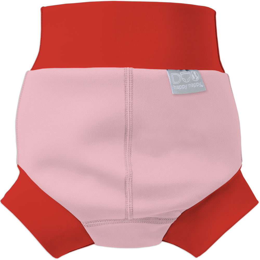 Neoprene swim nappy in pink with red ribs. Back.