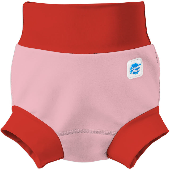 Neoprene swim nappy in pink with red ribs. Front.