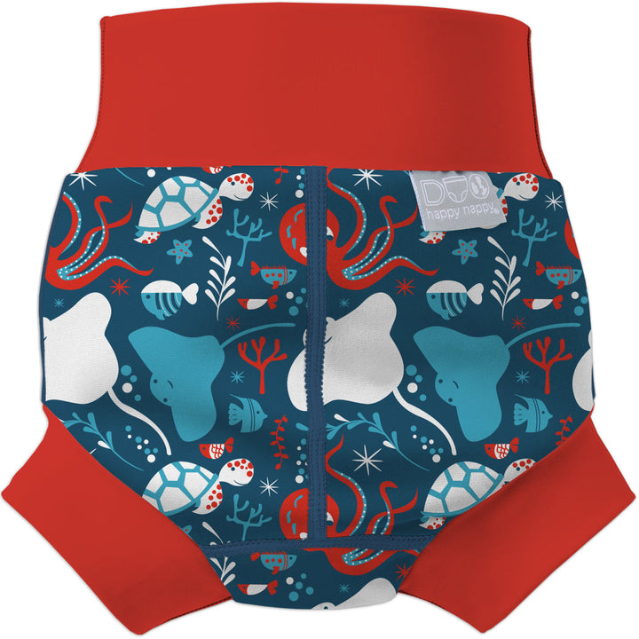 Neoprene swim nappy in blue with red ribs, featuring under the sea themed print. Back.
