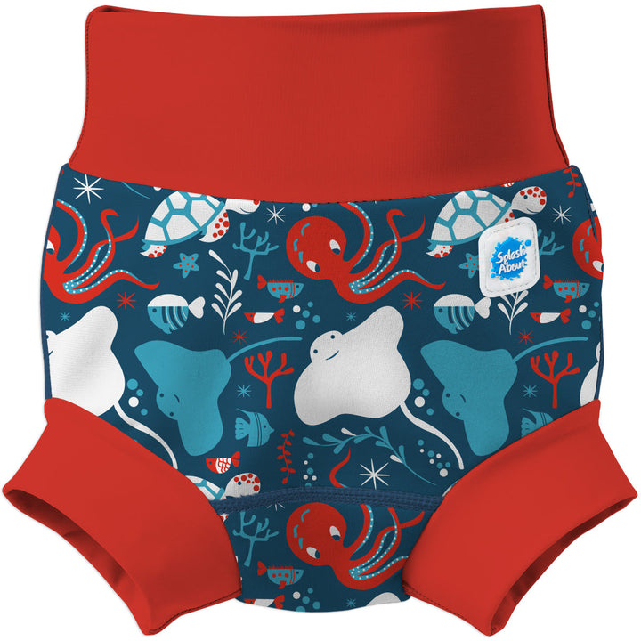 Neoprene swim nappy in blue with red ribs, featuring under the sea themed print. Front.