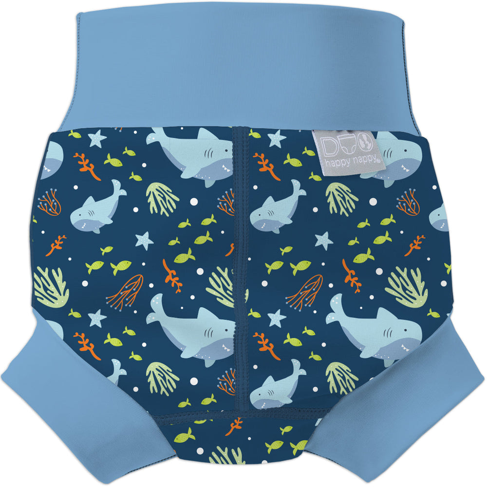 Neoprene swim nappy in blue, featuring sharks themed print. Back.