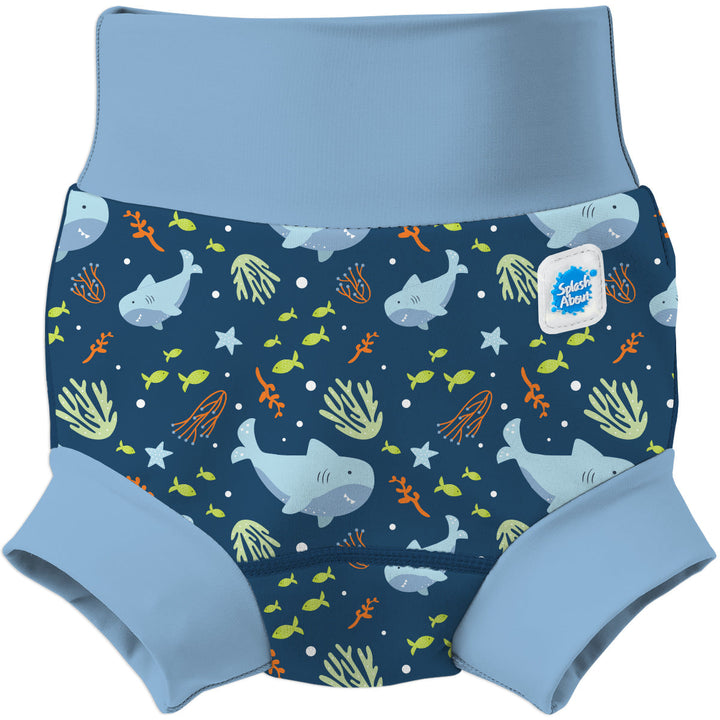 Neoprene swim nappy in blue, featuring sharks themed print. Front.