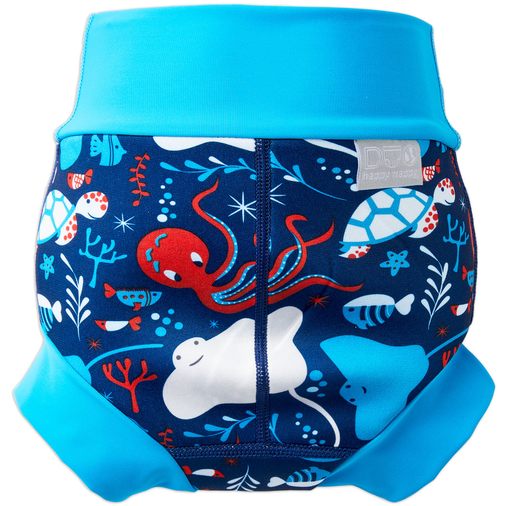 Reusable swim nappy in navy with cyan ribs and sea creatures themed print. Back.