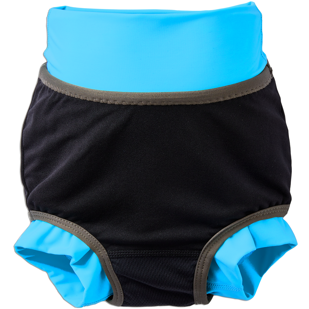Reusable swim nappy in navy with cyan ribs and sea creatures themed print. Inside out.