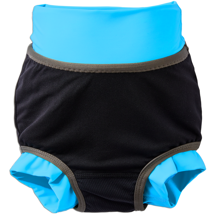 Reusable swim nappy in navy with cyan ribs and sea creatures themed print. Inside out.