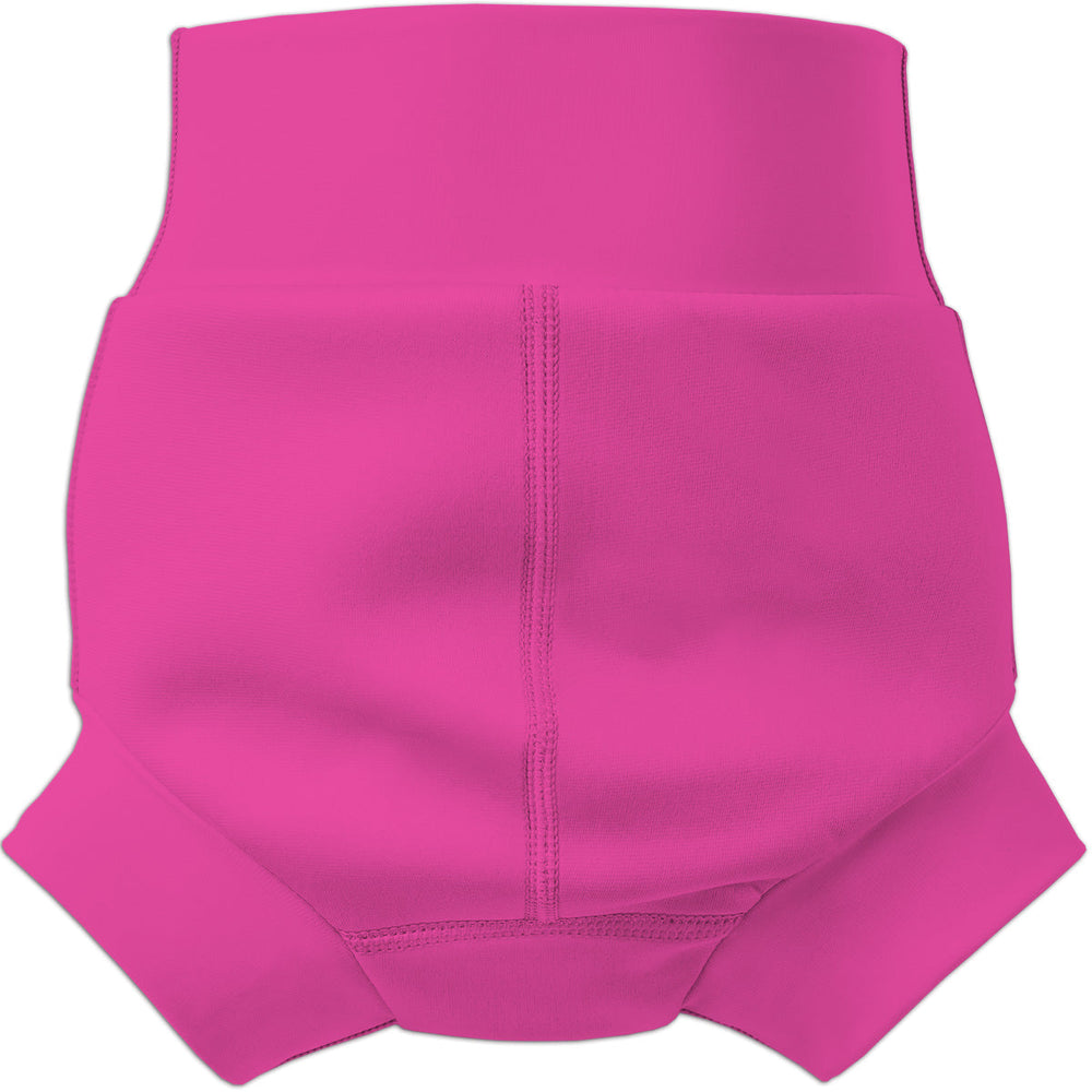 Flat lay image of neoprene swim nappy in hot pink, back.