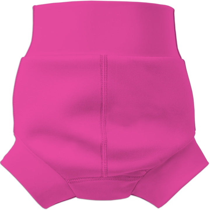 Flat lay image of neoprene swim nappy in hot pink, back.