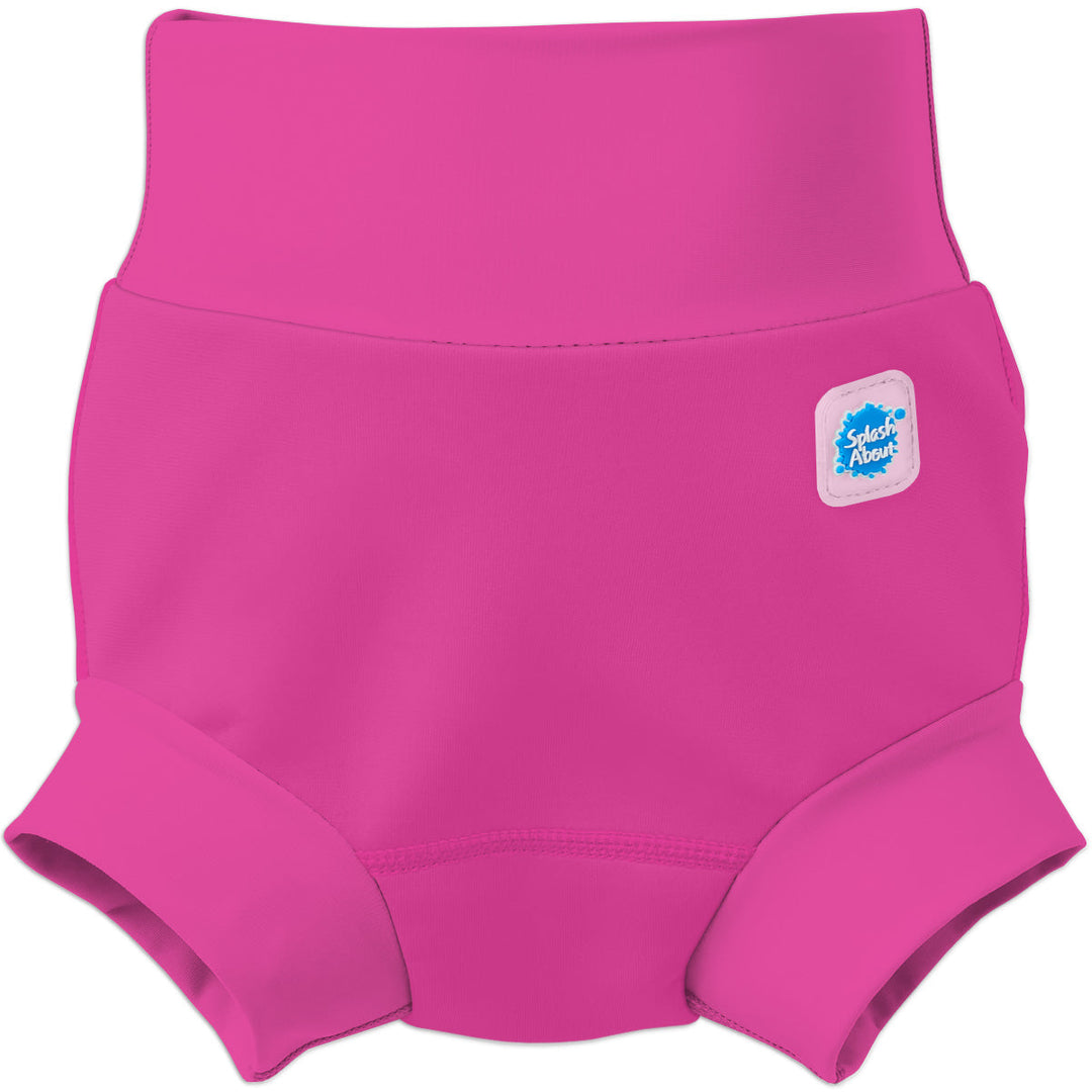 Flat lay image of neoprene swim nappy in hot pink, front.
