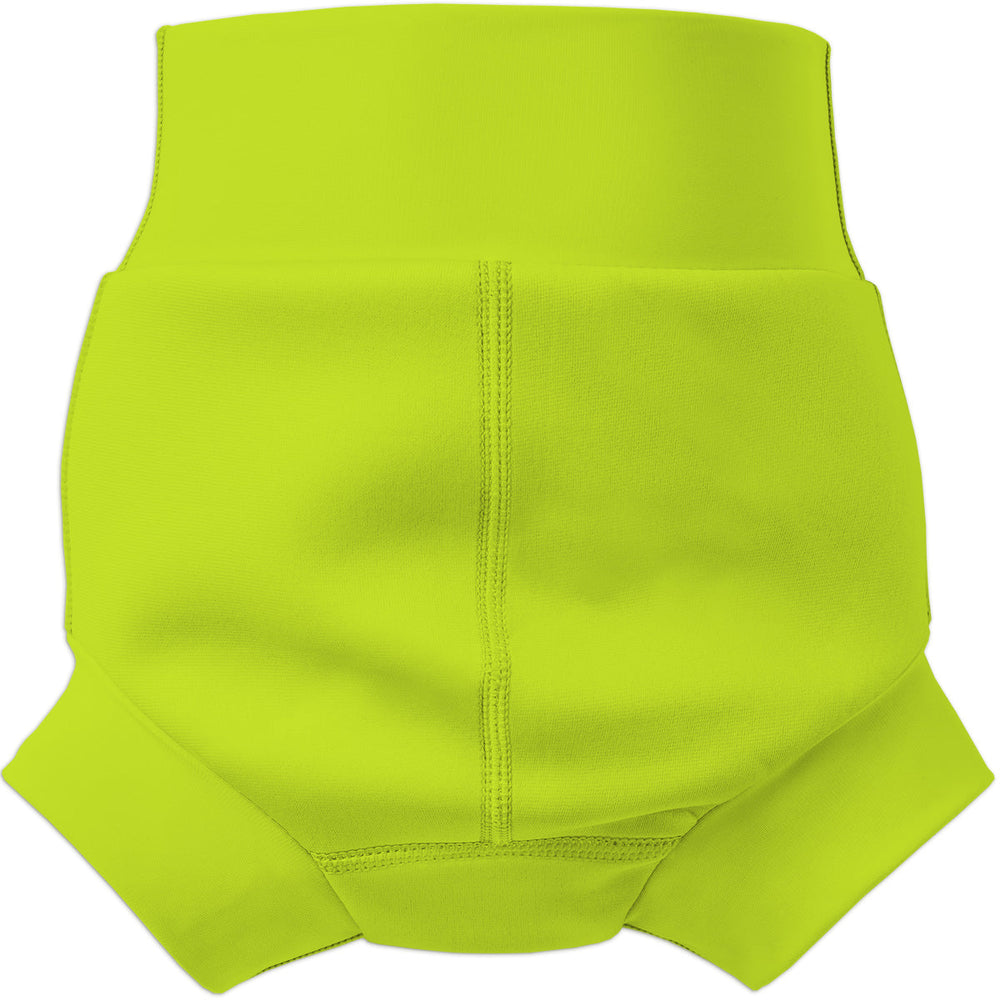 Flat lay image of neoprene swim nappy in bright lime green, back.