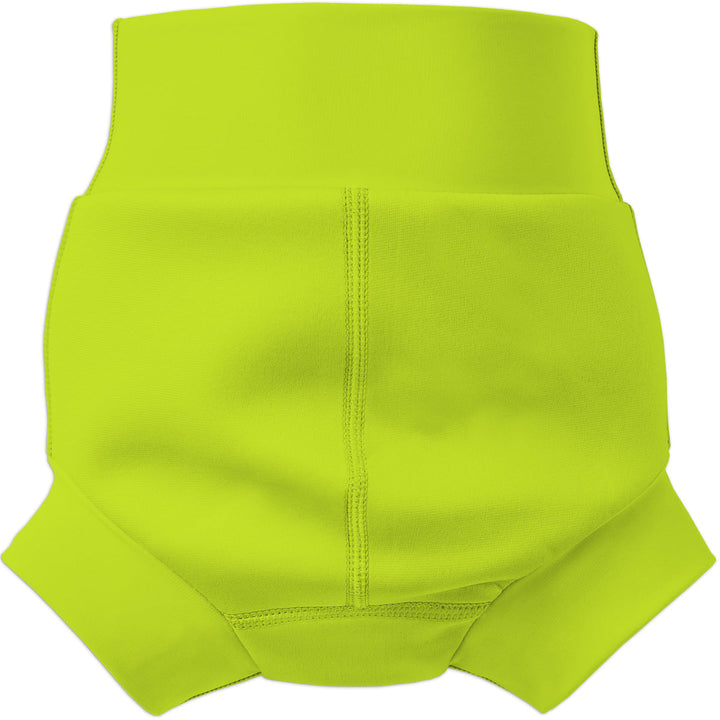 Flat lay image of neoprene swim nappy in bright lime green, back.