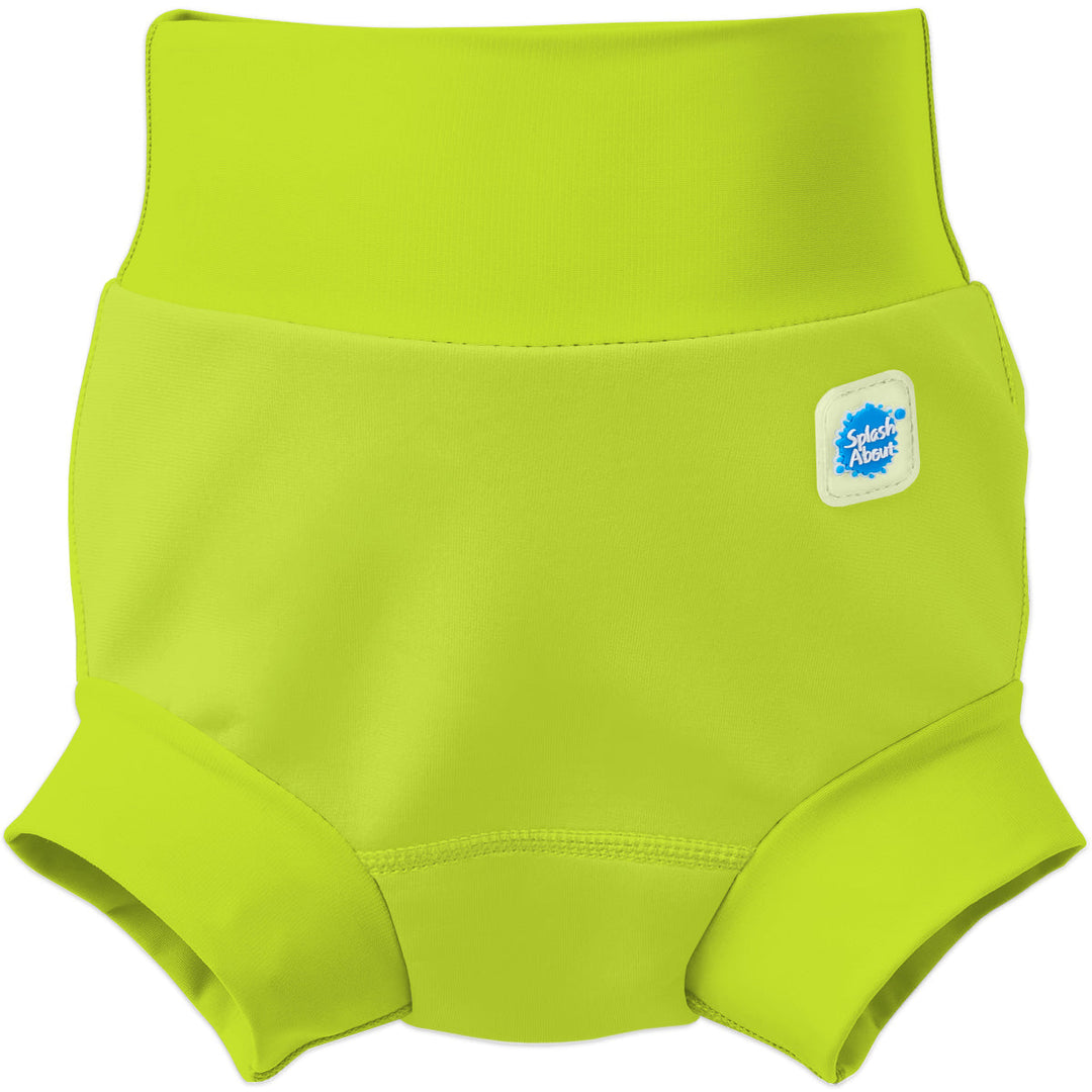 Flat lay image of neoprene swim nappy in bright lime green, front.