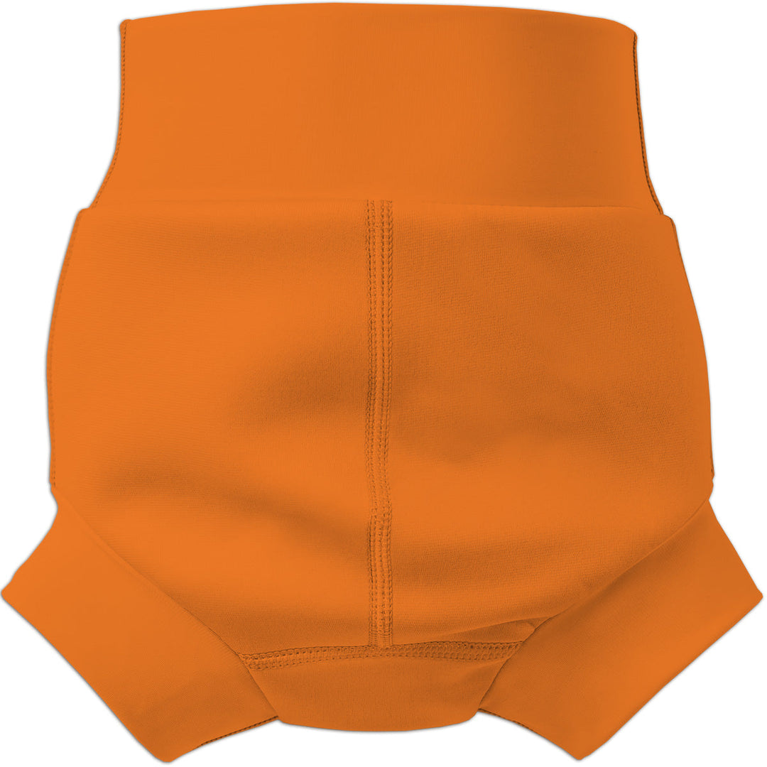 Flat lay image of neoprene swim nappy in bright orange, back.