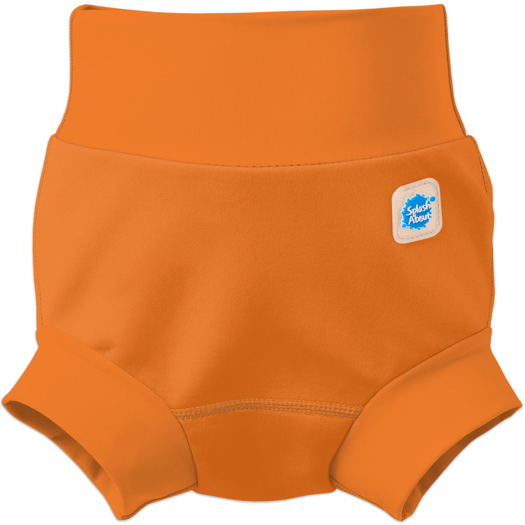Flat lay image of neoprene swim nappy in bright orange, front.