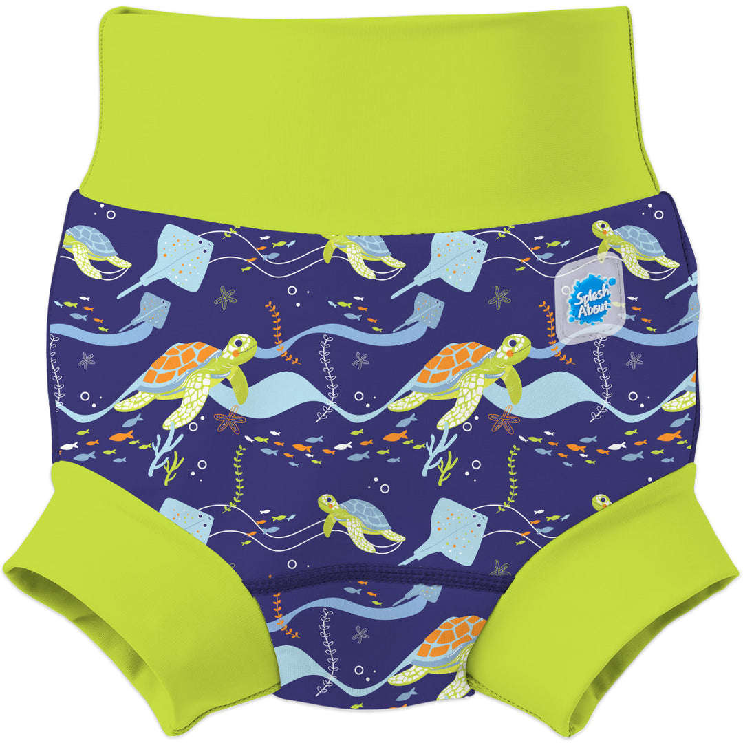 Neoprene swim nappy in navy, with lime ribs and turtles themed print.