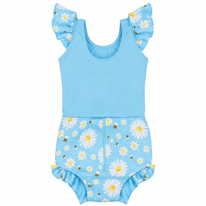 Happy Nappy Costume in light blue and daisies and bees themed print, featuring frills in arms and legs. Back.