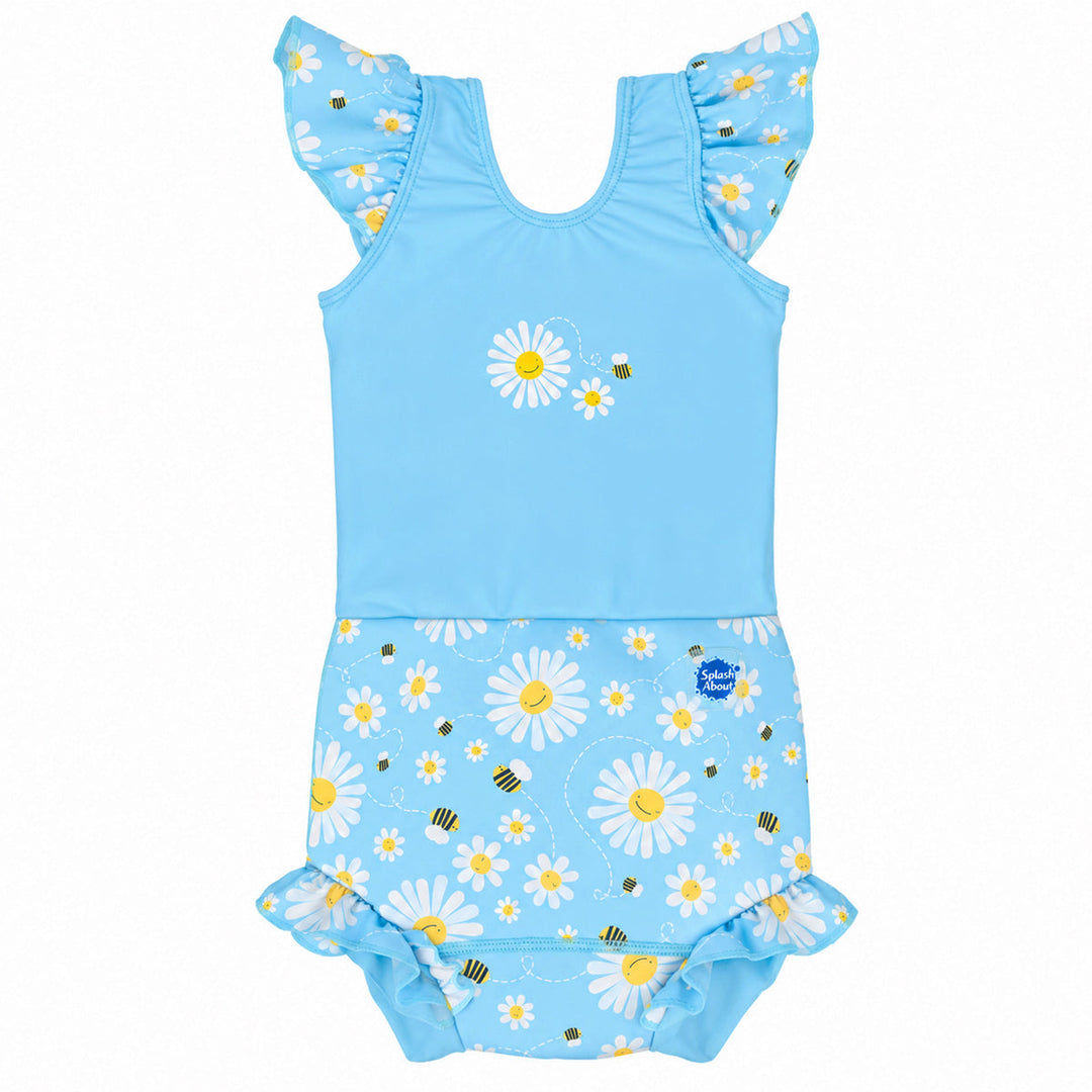 Happy Nappy Costume in light blue and daisies and bees themed print, featuring frills in arms and legs. Front.