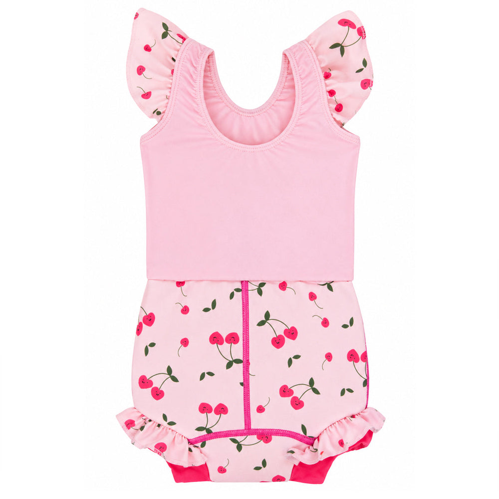 Happy Nappy Costume in pink and cherries themed print, featuring frills in arms and legs. Back.