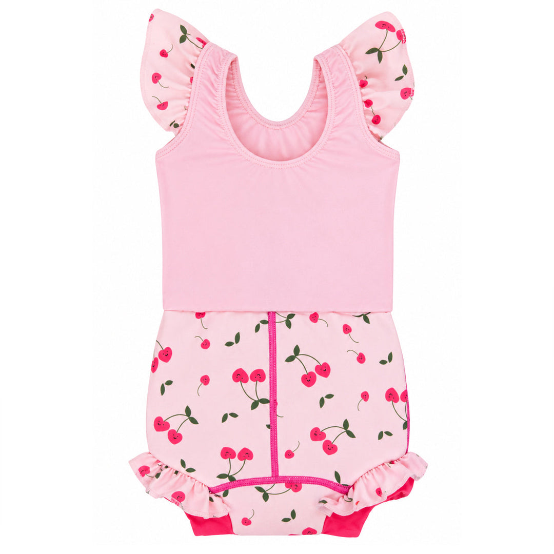 Happy Nappy Costume in pink and cherries themed print, featuring frills in arms and legs. Back.