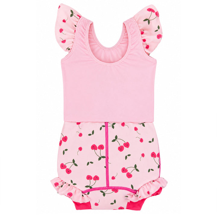 Happy Nappy Costume in pink and cherries themed print, featuring frills in arms and legs. Back.
