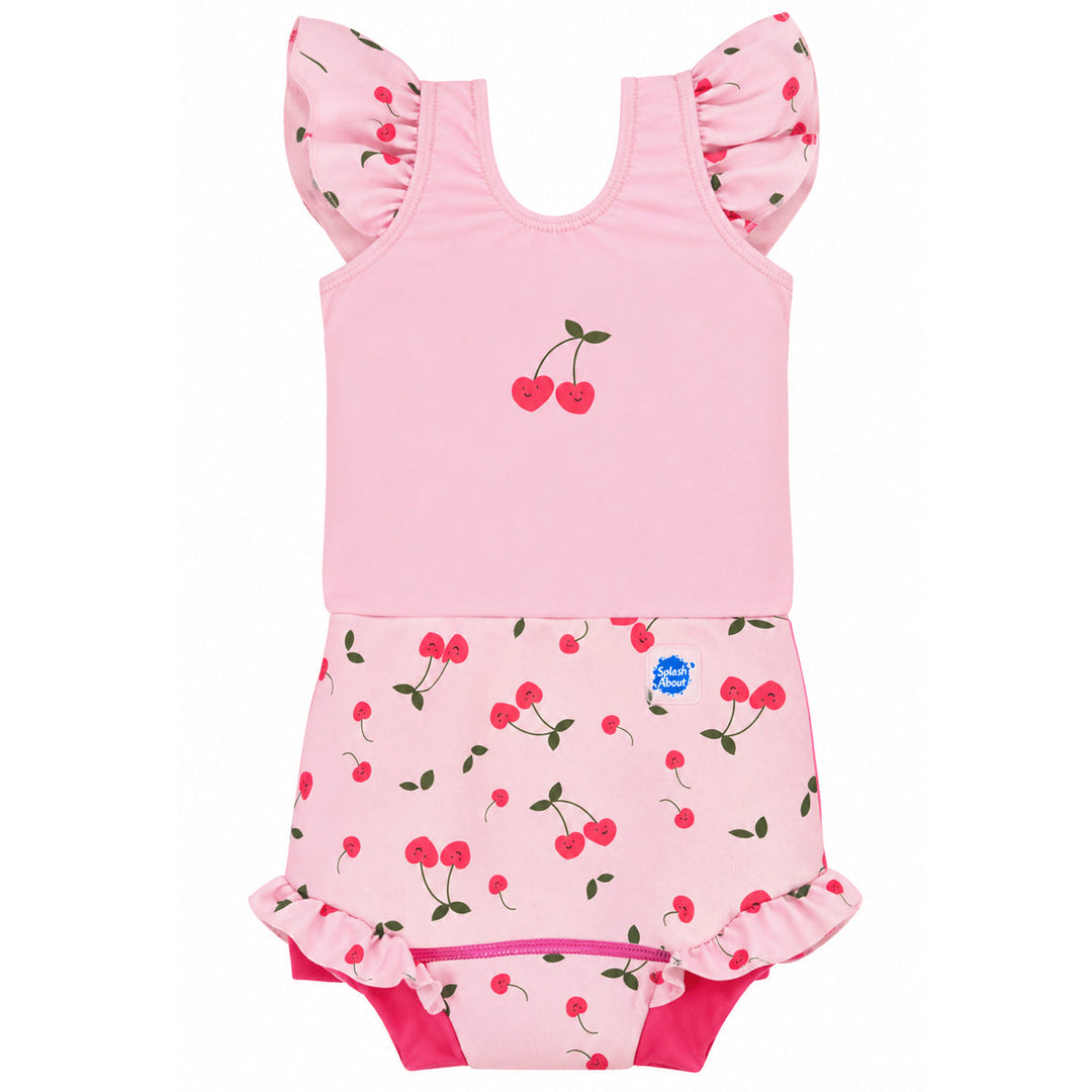 Happy Nappy Costume in pink and cherries themed print, featuring frills in arms and legs. Front.