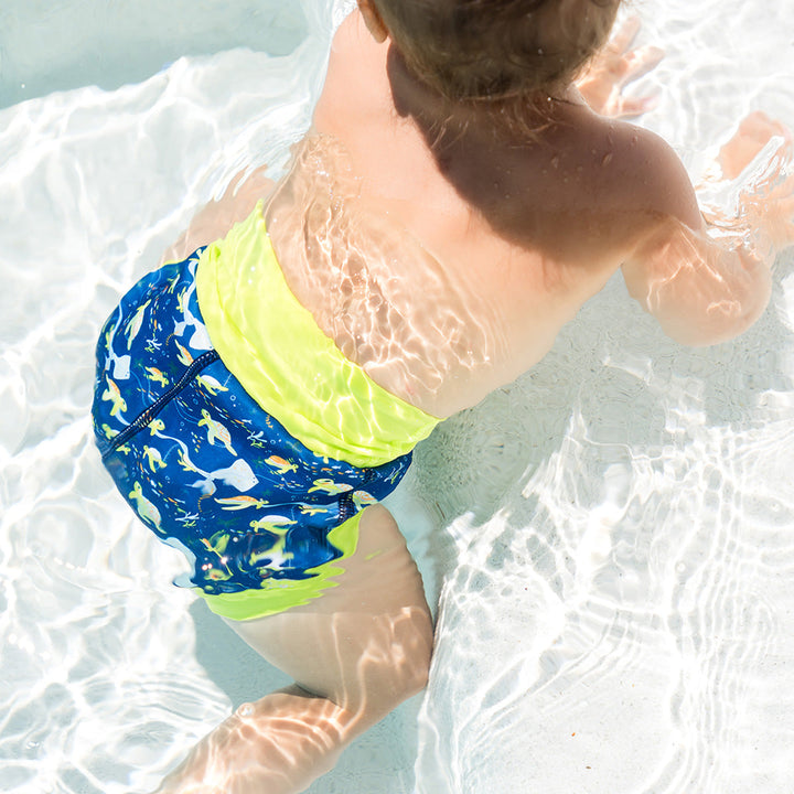 Little one wearing neoprene swim nappy in navy, with lime ribs and turtles themed print.
