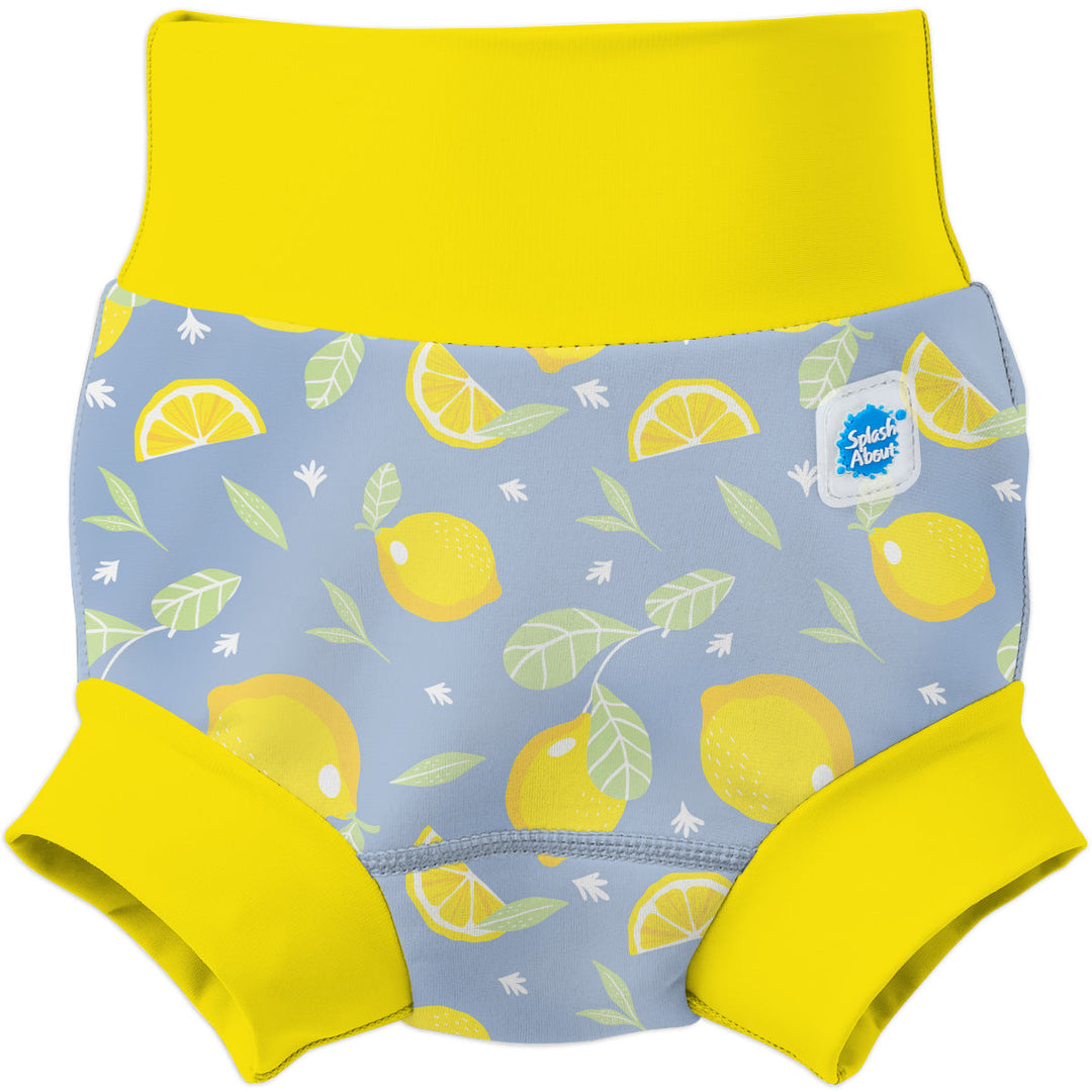 Neoprene swim nappy in blue, with yellow ribs and lemons themed print.