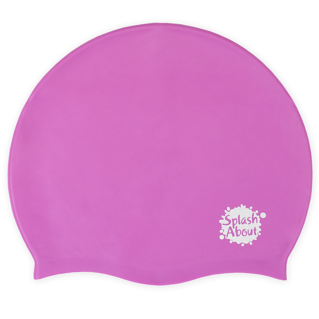 Flatlay image of purple silicone swim hat.