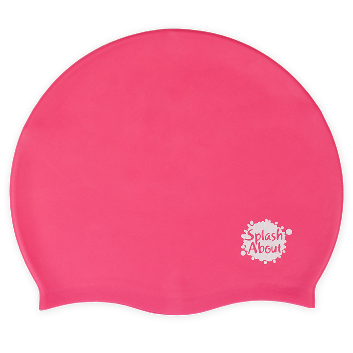 Flatlay image of pink silicone swim hat.