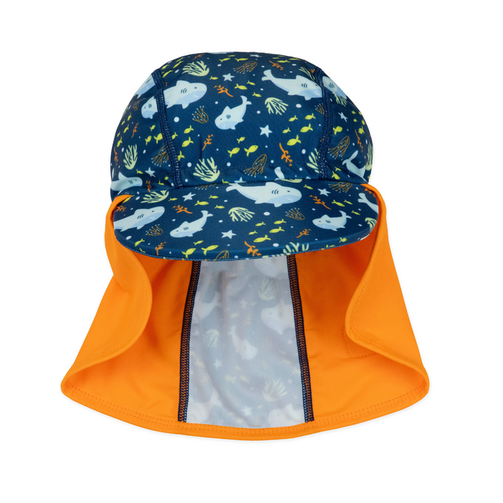 Legionnaire style sun hat in navy and orange, with sharks themed print panel. Front.