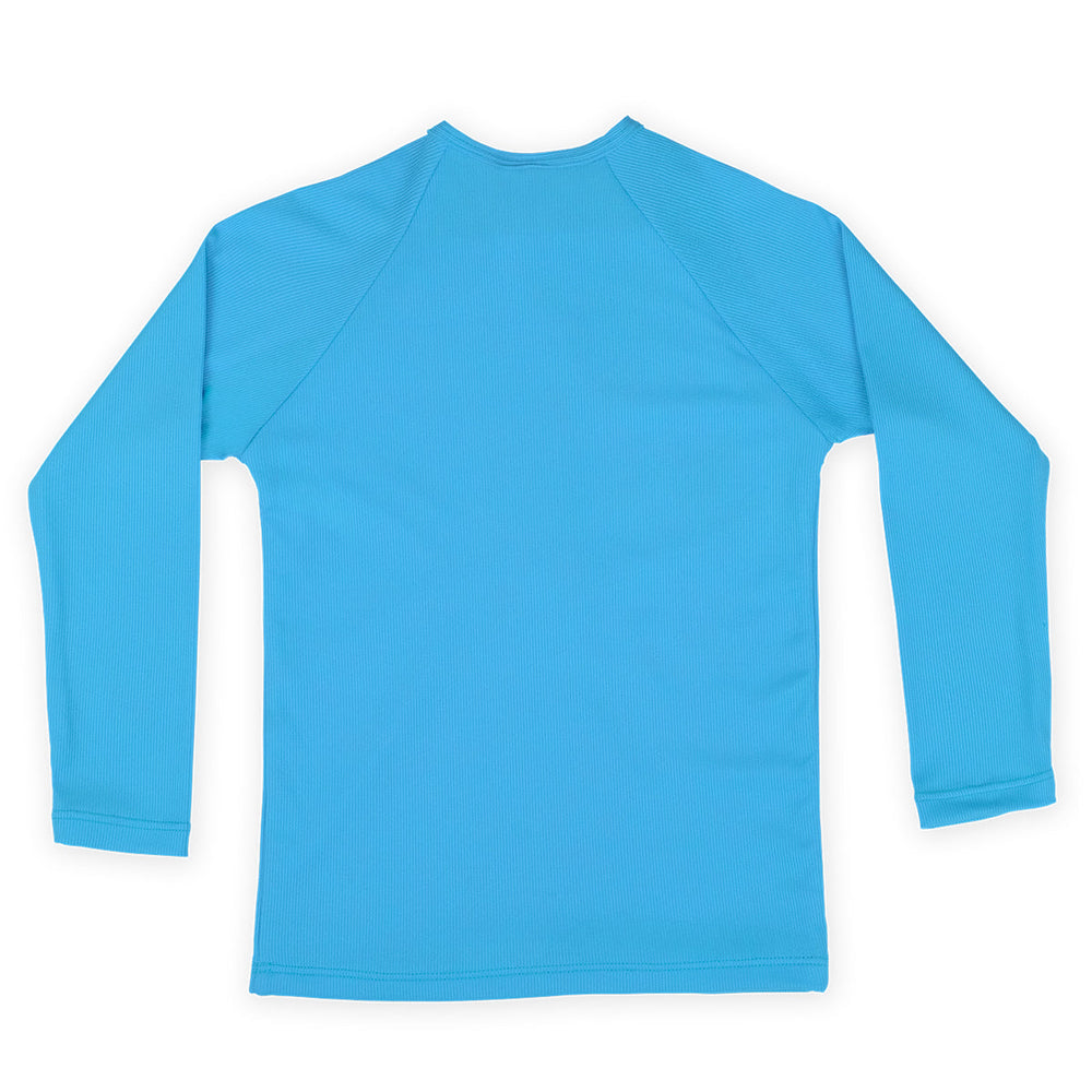 UV protective long sleeve rash top in neon blue. Back.