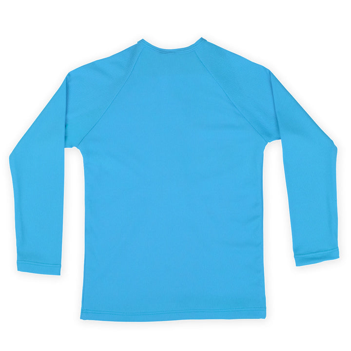 UV protective long sleeve rash top in neon blue. Back.