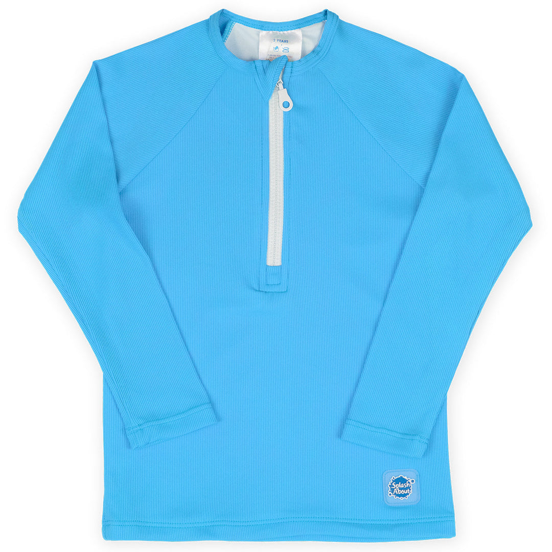 UV protective long sleeve rash top in neon blue. Front.