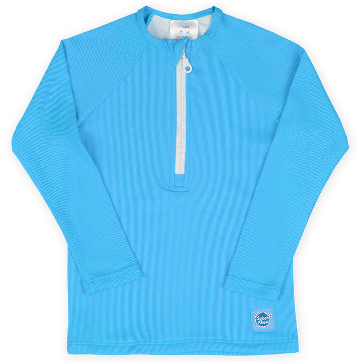 UV protective long sleeve rash top in neon blue. Front.