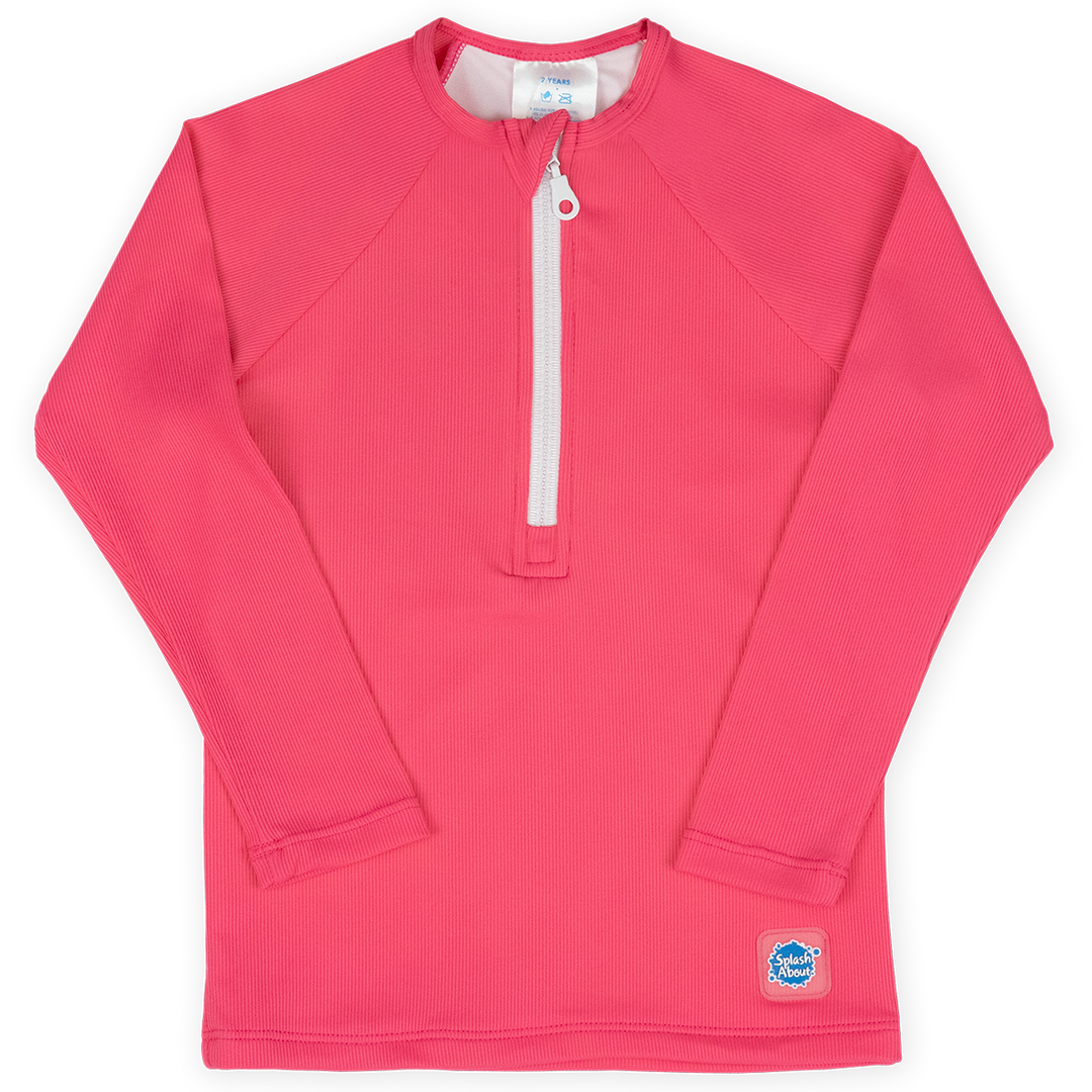 UV protective long sleeve rash top in neon pink. Front.