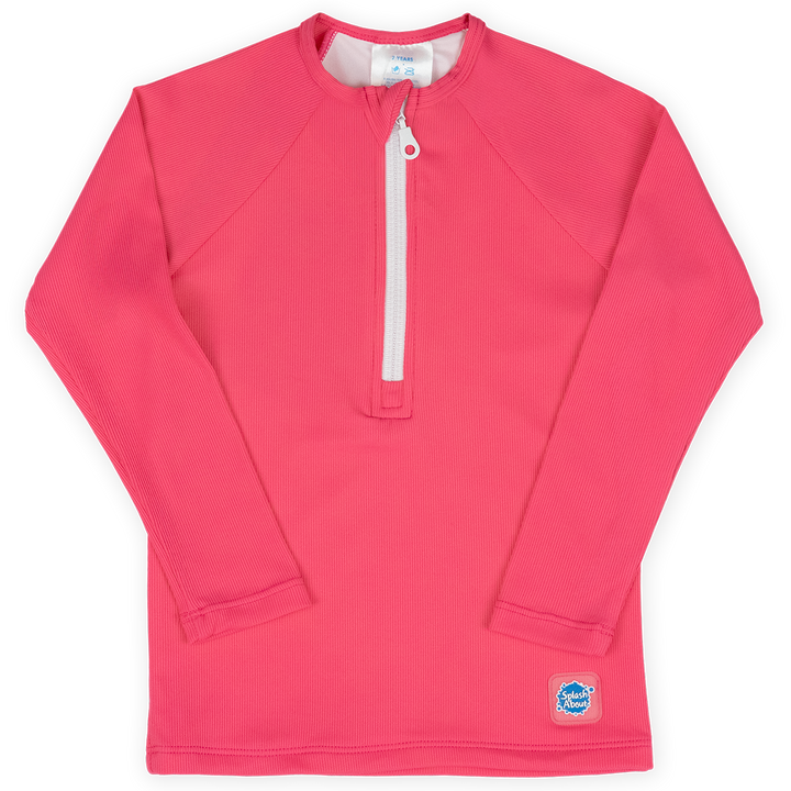 UV protective long sleeve rash top in neon pink. Front.