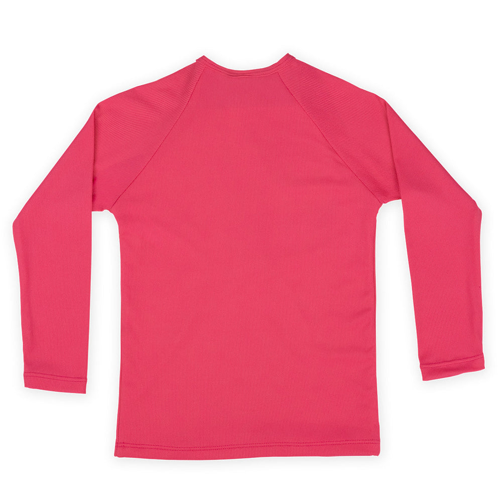 UV protective long sleeve rash top in neon pink. Back.