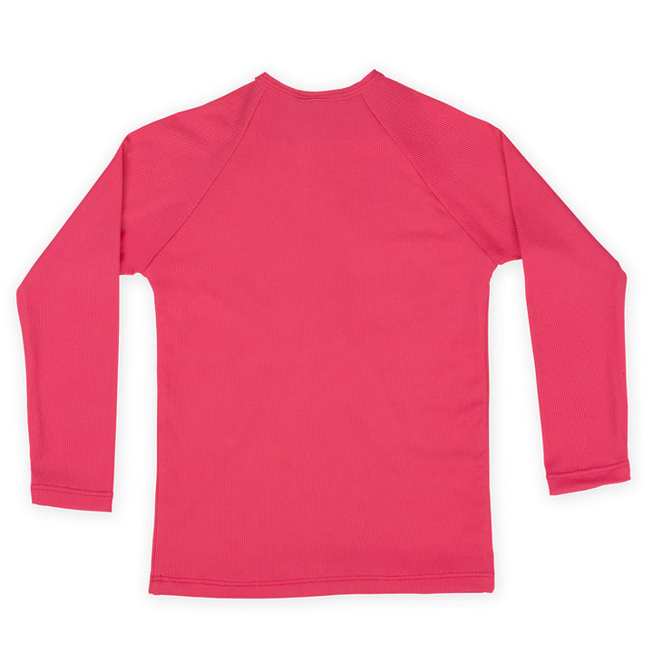 UV protective long sleeve rash top in neon pink. Back.