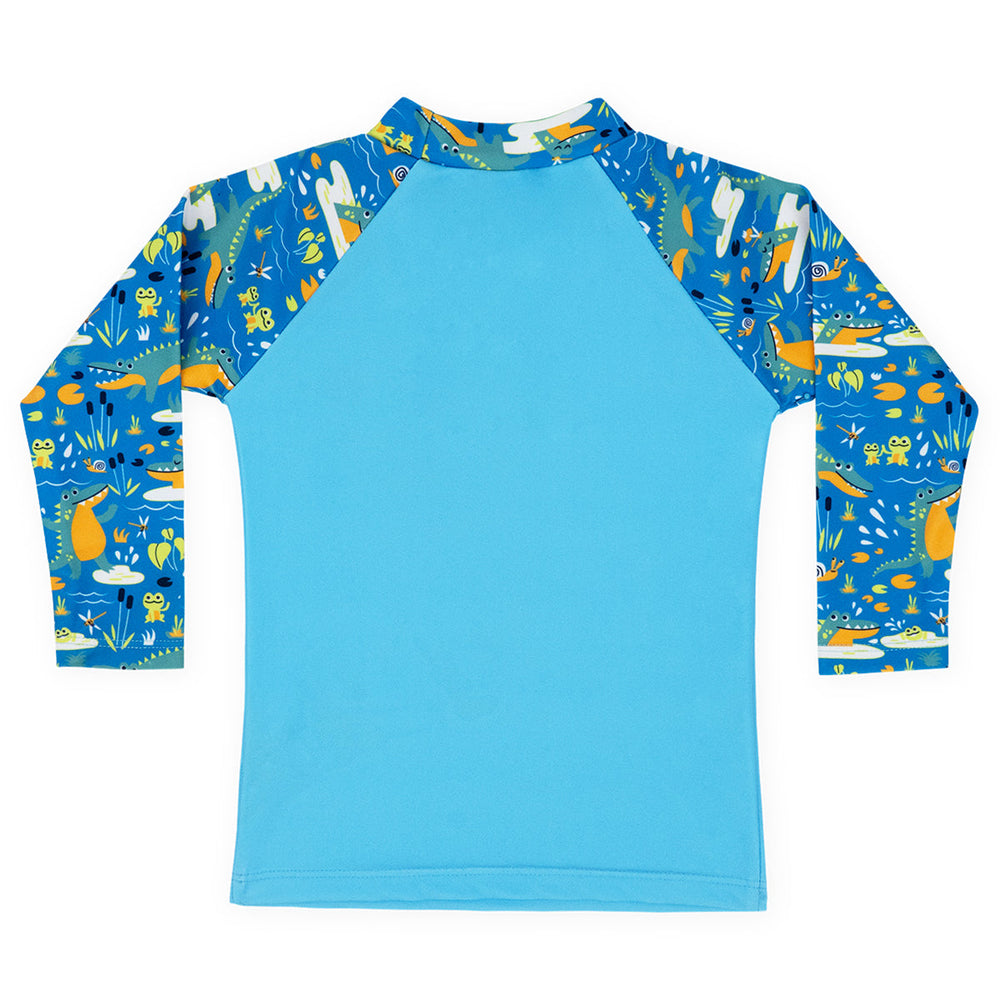 UV protective long sleeve rash top in blue, featuring crocodiles and frogs themed print on the chest and sleeves. Back.