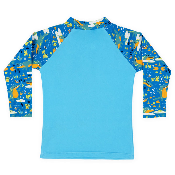 UV protective long sleeve rash top in blue, featuring crocodiles and frogs themed print on the chest and sleeves. Back.