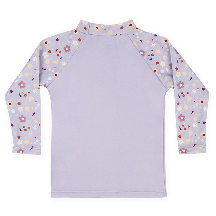 UV protective long sleeve rash top in lilac, and floral themed print on the chest and sleeves. Back.