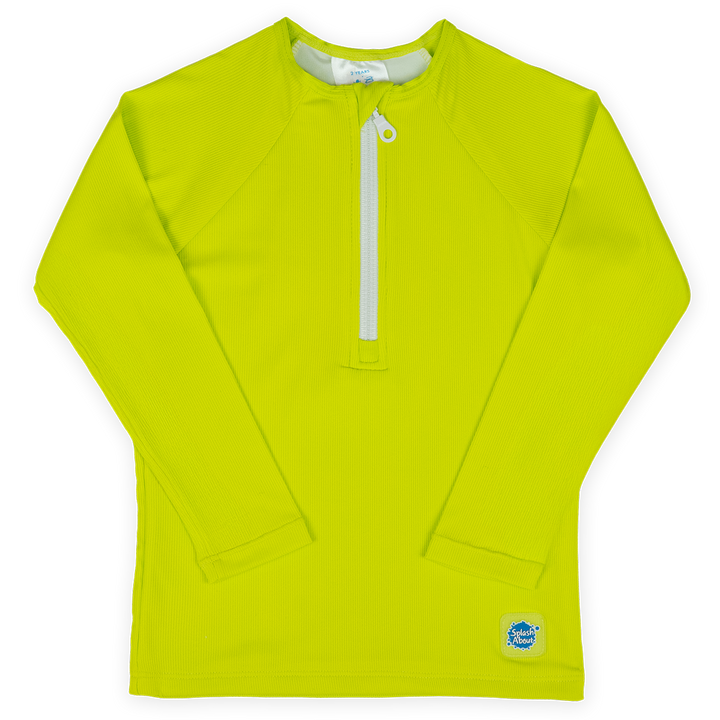 UV protective long sleeve rash top in neon green/yellow. Front.